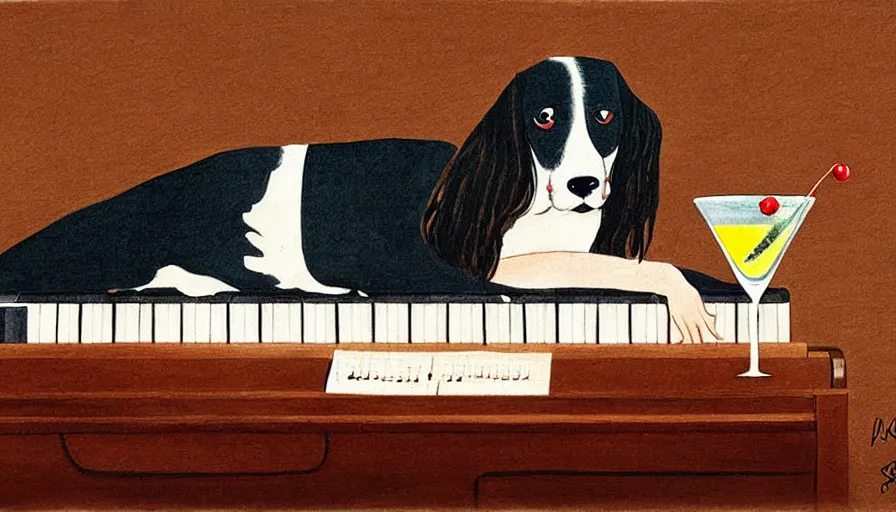 Image similar to sprocker Spaniel , playing a piano.Martini on the side, illustration. Artwork. Niore