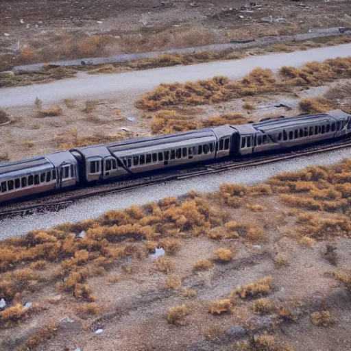 Prompt: a damaged train travelling through a wasteland while a cloud of ghosts is chasing it from behind, bird eye view