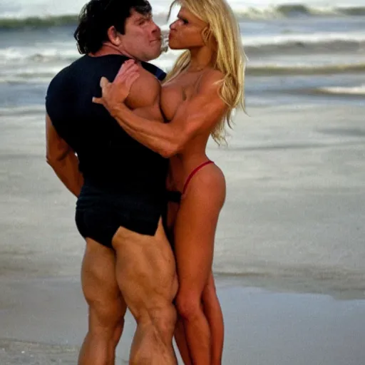 Prompt: buff physique Hagrid kissing Pamela Anderson award winning style photography