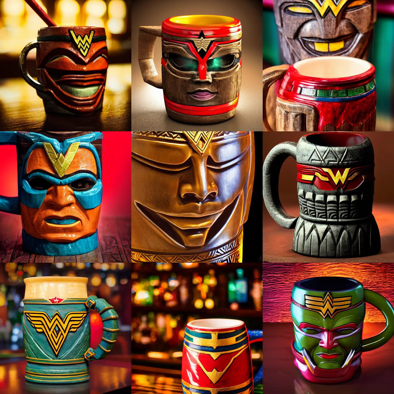 Image similar to a closeup photorealistic photograph of wonder woman tiki style mug at trader vic's bar. brightly lit scene. this 4 k hd image is trending on artstation, featured on behance, well - rendered, extra crisp, features intricate detail, epic composition and the style of unreal engine.