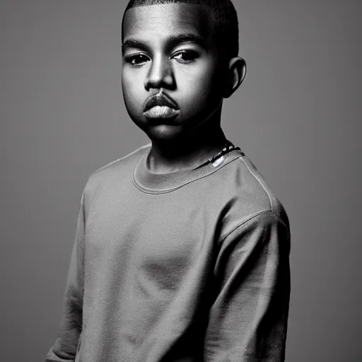 Image similar to the face of young kanye west wearing yeezy clothing at 1 3. 5 years old, portrait by julia cameron, chiaroscuro lighting, shallow depth of field, 8 0 mm, f 1. 8