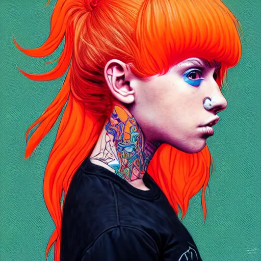 Image similar to portrait painting of a teenage girl with swept back wild orange hair and punk clothes, sharp focus, award - winning, trending on artstation, masterpiece, highly detailed, intricate. art by josan gonzales and moebius and deathburger