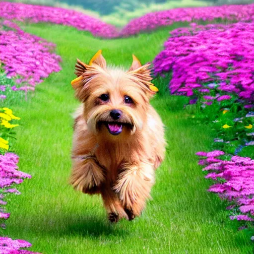 Image similar to A blond Norfolk terrier running and jumping through a field of beautiful flowers in the style of Studio Ghibli, anime, very happy, detailed, award winning