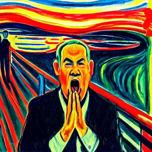 Image similar to portrait of benjamin netanyahu screaming on a bridge, hands on face, sunset, by edvard munch