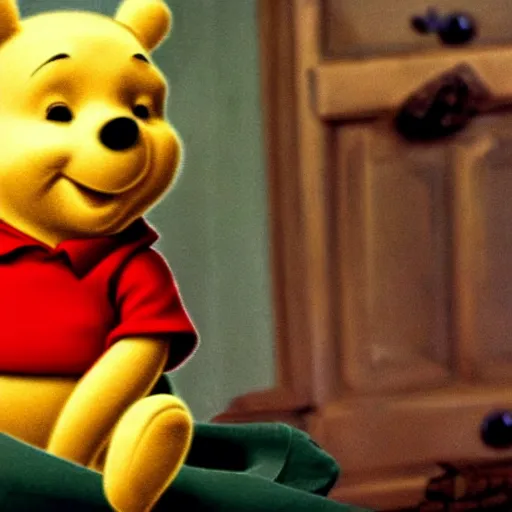 Prompt: Winnie the Pooh settling down to watch an episode of the X-Files on TV