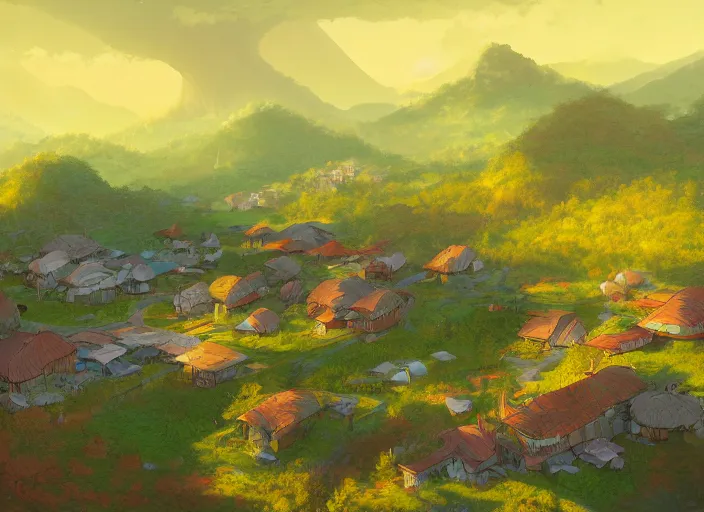 Image similar to concept art painting of a small woodland village in a valley seen from above, european japanese buildings, early morning, cel shaded, detailed, realistic, by makoto shinkai and moebius and anton fadeev and james gurney