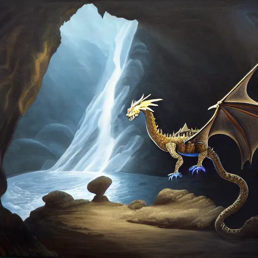 Image similar to oil painting of a dragon flying in the air near a cave with a waterfall in the center, light emanating from the waterfall leading to a big pool of water, dragon has black and white stripes, elegant, sharp focus, wide shot, clear, detailed, early renaissance