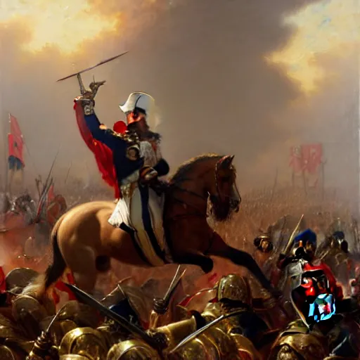 Image similar to drdisrespect conquering waterloo as napoleon, battle scene, highly detailed painting by gaston bussiere, j. c. leyendecker, greg rutkowski, craig mullins 8 k
