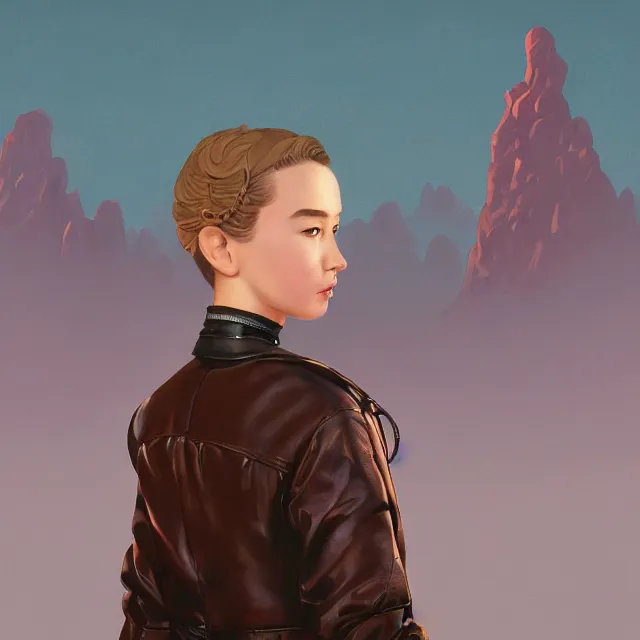 Image similar to highly detailed portrait of androgynous girl wearing bakelite leather jacket, bakelite rocky mountains, japanese haunted forest, by hsiao - ron cheng and artgerm, modular synthesizer helmet backpack, the grand budapest hotel, glow, no crop, digital art, artstation, pop art