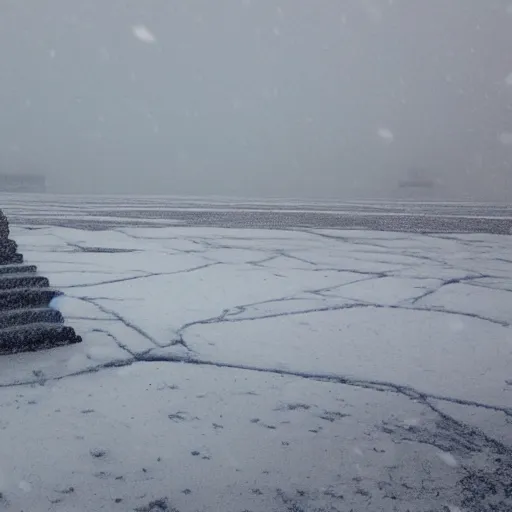 Prompt: a large obelisk on a ice plain. snowing, overcast sky, grainy.