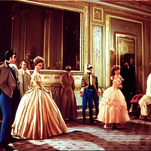 Image similar to ballroom scene from the leopard by luchino visconti with alain delon and claudia cardinale set in the 1 9 th century in an italian villa. technicolor, highly intricate, 5 0 mm