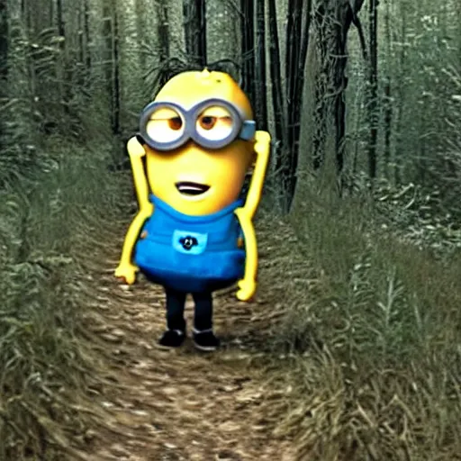 Prompt: bad quality screenshot of a leaked video of a small person dressed as gru from the minions following me through a forest trail, night time, bright camera flash, camera shaking, realistic, ultrarealistic, 4 8 0 p, scary