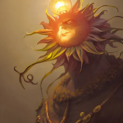 Image similar to Anthropomorphized sunflower, D&D, fantasy, cinematic lighting, highly detailed, digital painting, artstation, concept art, smooth, sharp focus, illustration, warm light, cozy warm tint, magic the gathering artwork, volumetric lighting, 8k, no gold, no gold colours, art by Akihiko Yoshida, Greg Rutkowski