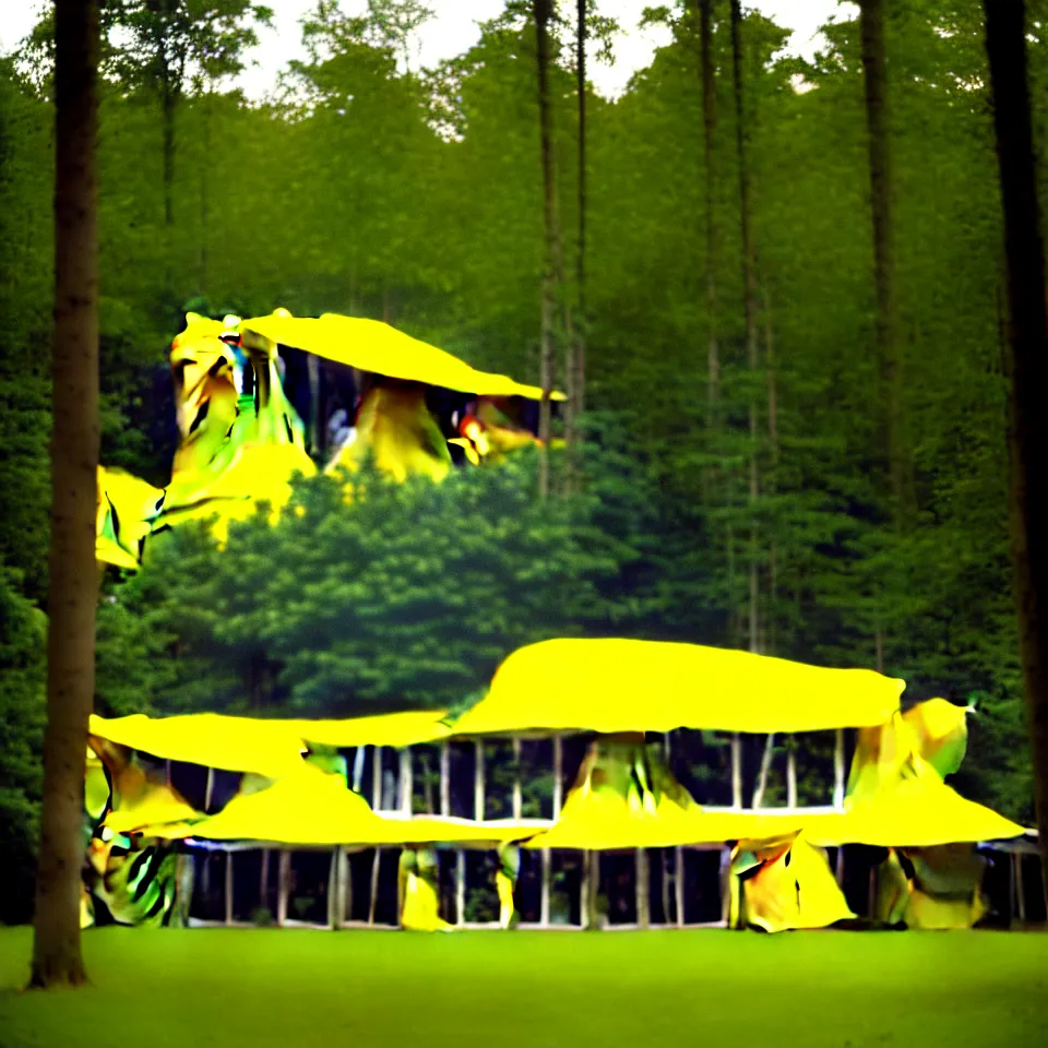 Image similar to a flat house from far away with big tiles, in a forest, designed by Frank Gehry. Film grain, cinematic, yellow hue