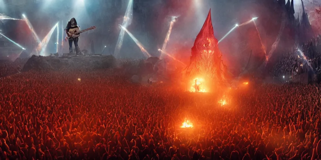 Image similar to Sauron playing guitar in a rock concert to a crowd of 5000 orcs in Mordor, epic, realistic, 8k resolution, detailed, cinematic lighting, cinematic