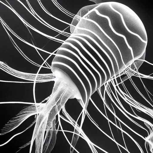 Image similar to A photogram from The First Video of an Extremely Rare Jellyfish Captures Its Striped Tentacles and Spotted, Pulsing Body, HDR, Hyper detailed