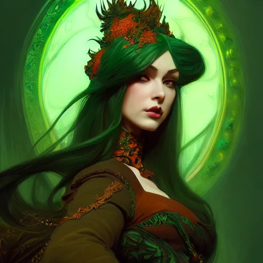 Image similar to aristocrat, green black orange color palette, female, d & d, fantasy, intricate, elegant, highly detailed, long green hair, digital painting, artstation, octane render, concept art, matte, sharp focus, illustration, hearthstone, art by artgerm, alphonse mucha johannes voss