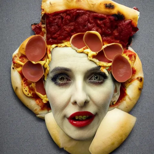 Prompt: nightmare queen of england made out of pizza, photorealistic