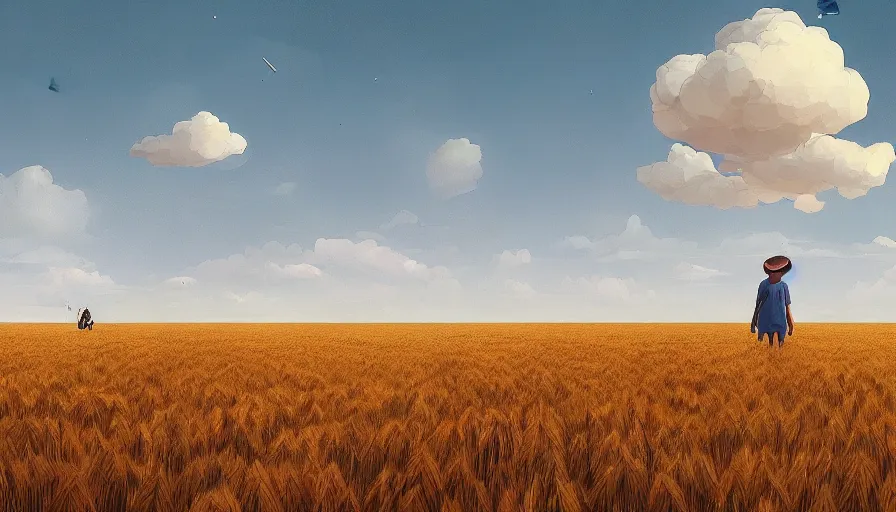 Prompt: floating hexagon in the sky, wheat field harvesting, big tree, person, matte painting, art station, blue sky, simon stalenhag