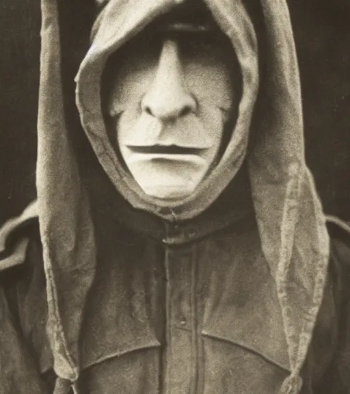 Prompt: a man distance wearing hooded mask covering his entire face, ww1 film photo, full body portrait at distance, grainy, high detail, high resolution