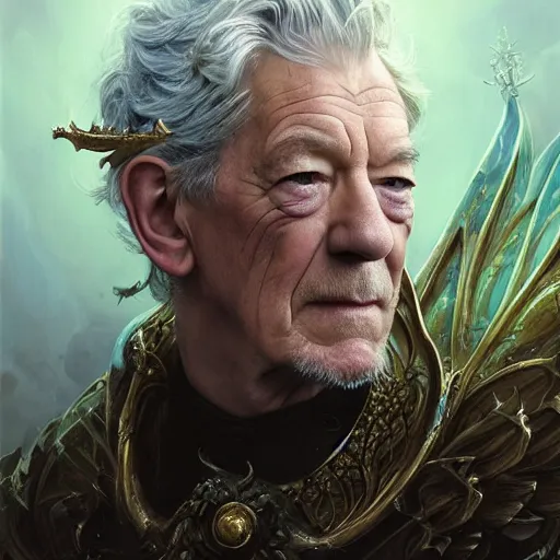 Image similar to closeup portrait shot of ian mckellen as king oberon, fairy wings, lord of beasts, highly detailed, digital painting, artstation, concept art, soft focus, depth of field, artgerm, tomasz alen kopera, peter mohrbacher, donato giancola, wlop, boris vallejo