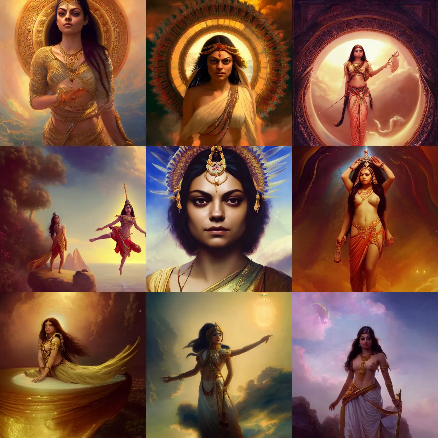 Prompt: Mila Kunis as an indian godess floating in the sky between zodiacs, magical realism, by Frank Moth and Kunrong Yap and Charlie Bowater and Jean-Léon Gérôme, high details, 8K