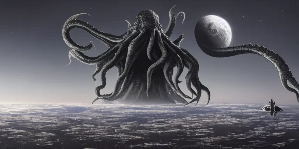 Image similar to giant Cthulhu silhouetted on top of jetfighter spaceship, photorealistic, wide-angle, long shot, epic, space, lunar backdrop