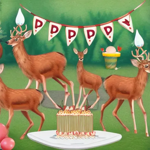 Image similar to three deers having a cool birthday party, photorealistic, highly detailed