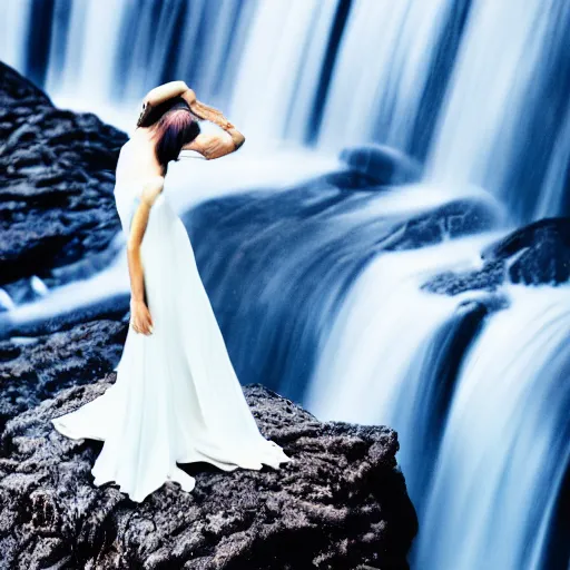 Image similar to centered white perfume standing on top of a clear, blue, waterfall, clean, surreal photography, illumination lighting, sharp focus, vogue