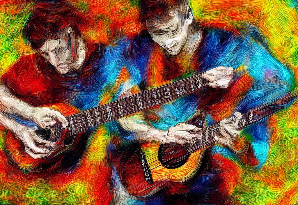 Image similar to person playing guitar, million rechargable batteries, digital art