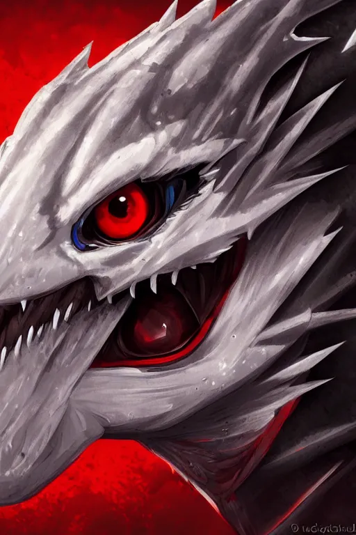 Image similar to a white raptor with red eyes, highly detailed, digital art, sharp focus, trending on art station, anime art style