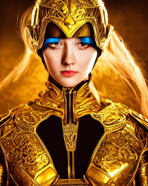 Image similar to comic book style portrait of woman in shining golden armor, high production value, intricate details, high resolution, hdr, high definition, masterpiece, realistic, ultrarealistic, highly detailed, hd, sharp focus, non blurry, sharp, smooth