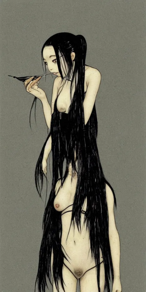 Prompt: a young japanese woman by h. r. giger her hair is dark black pig tails, she has large entirely - black eyes. she is wearing a white bikini top, a white short wet shear skirt, a black choker, and black open toed heels, alien spaceship, rain inside ship
