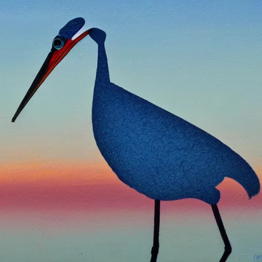 Prompt: a hybrid of a crane and a frog on the background of a blue sunset