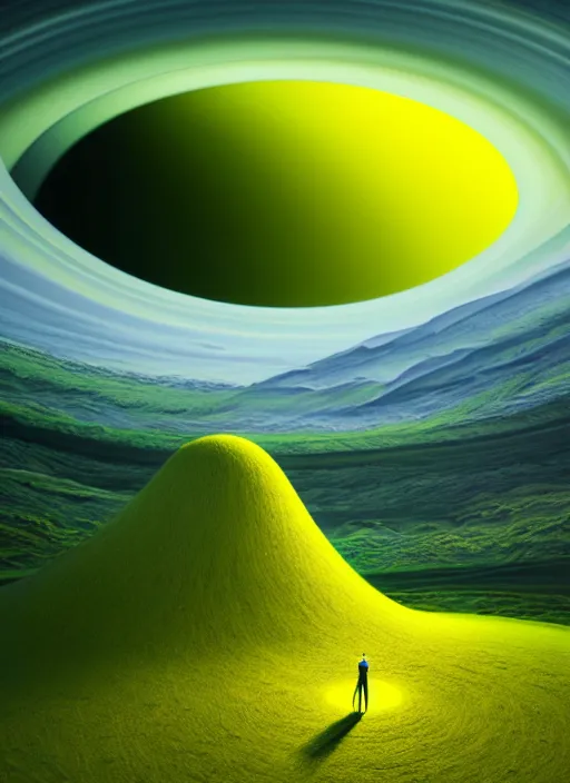 Image similar to a painting of a green and yellow swirl in the middle of a mountain, a computer rendering by mike winkelmann, shutterstock contest winner, nuclear art, tesseract, apocalypse art, concept art