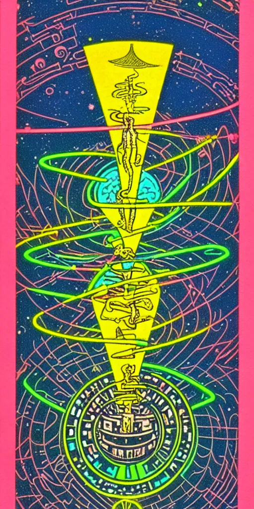 Prompt: 1968 science fiction tarot card, cut out collage, neon Aztec, spring on Saturn, epic theater, deep sea, mountain plants, drawings in part by moebius, part by Ernst Haekl, text by William S Boroughs,