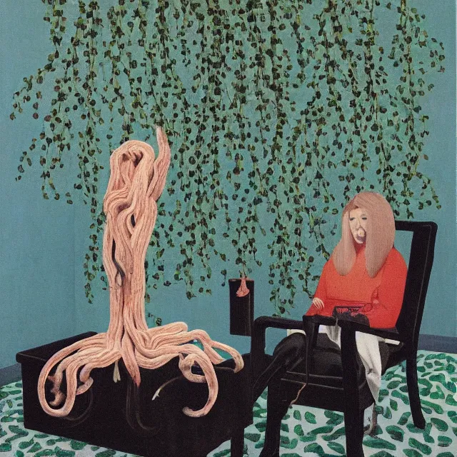 Image similar to a female pathology student in her apartment, wrapped in vines, medical equipment, stepping stones, octopus, pig, parrot, black walls, ikebana, black armchair, sculpture, acrylic on canvas, surrealist, by magritte and monet