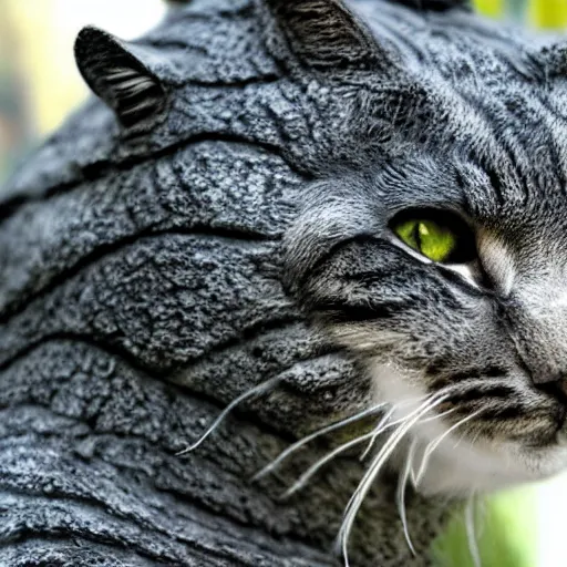 Image similar to godzilla with the head of a cat, hybrid of Godzilla and cat,