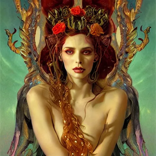 Image similar to epic masterpiece full body portrait a beautiful Persephone with a beautiful face and flawless skin, queen of the underworld, in Hades, flames and smoke in background, hell hound at her side, by Edgar Maxence and Ross Tran and Michael Whelan