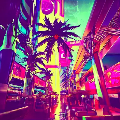 Image similar to “cyberpunk Miami beach, anime style”