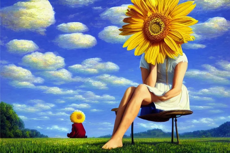 Prompt: giant daisy flower head, woman sitting, surreal, clouds in sky, impressionist painting, digital painting, artstation, rob gonsalves