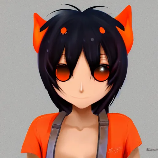 Image similar to tomboy anime girl with dark skin, black hair, wolf ears and glowing orange eyes, deviantart, artstation