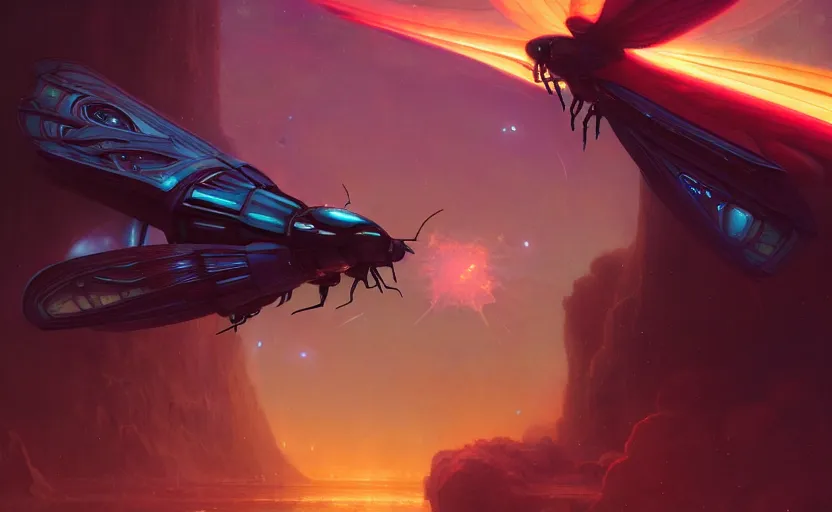 Prompt: Neoclassical spaceship in the form of a hornet, illustrated by Greg Rutkowski and Gaston Bussiere, 35mm lens, beautiful macro close-up imagery, vibrantly lush neon lighting, beautiful volumetric-lighting-style atmosphere, a futuristic atmosphere, intricate, detailed, photorealistic imagery, trending on artstation, 4k, 8k