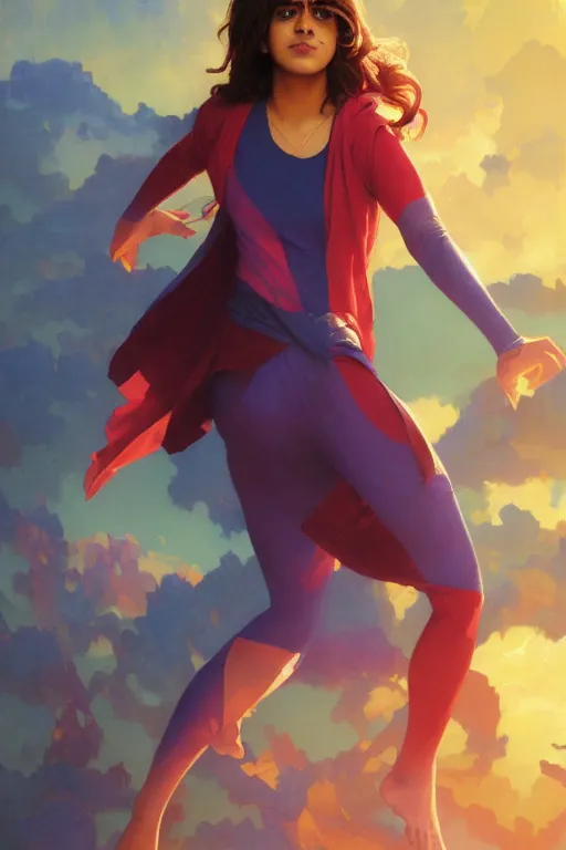 Prompt: A Full View of Kamala Khan played by Iman Vellani, filled with wonder. MCU. John hughes film. masterpiece 4k digital illustration by Ruan Jia and Mandy Jurgens and Artgerm and greg rutkowski and Alexander Tsaruk and WLOP and william-adolphe bouguereau, award winning, Artstation, art nouveau aesthetic, Alphonse Mucha background, intricate details, realistic, panoramic view, Hyperdetailed, 8k resolution, intricate art nouveau