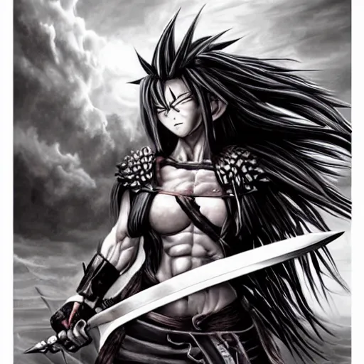 Image similar to realistic art style, warrior girl, muscular girl, wild spiky black saiyan hair, long spiky hair, electrified hair, holding scimitar made of bone, scimitar, sword, jagged sword, curved sword, orkish sword, colorized, gray skin, hyper - detailed, primeval fantasy, prehistoric fantasy, art by jacques - louis david