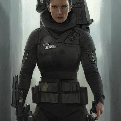 Prompt: portrait of a woman by greg rutkowski, she looks like gina carano, she is about 7 0 years old, impeccable military composure, wearing tactical gear of the galactic alliance, star wars expanded universe, highly detailed portrait, digital painting, artstation, concept art, smooth, sharp foccus ilustration, artstation hq