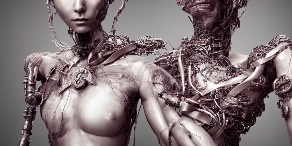 Image similar to hyper realistic photography of a stunningly beautiful cyborg female, plated arm, intimate, chest, holding close, ribbons, in the style of beth cavener, jin kagetsu,, and wlop, highly detailed, intricate filigree, symmetry, masterpiece, award winning, sharp focus, concept art, highkey lighting, ambient lighting, octane render, 8 k, artstation