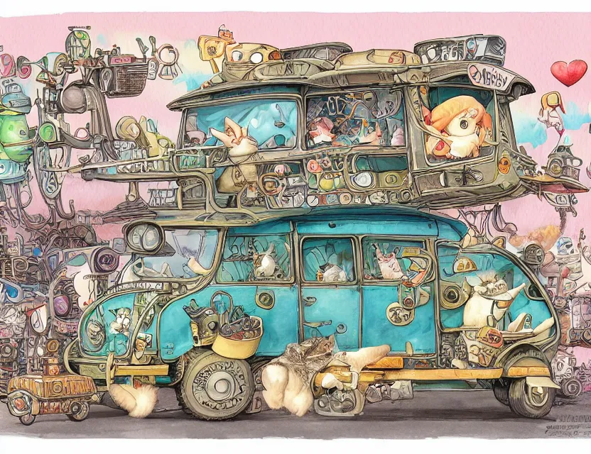 Prompt: cute and funny, a garden gnome driving a steampunk bus, a cat on the roof holding on, ratfink style by ed roth, centered award winning watercolor pen illustration, isometric illustration by chihiro iwasaki, edited by range murata, tiny details by artgerm and watercolor girl, sharply focused