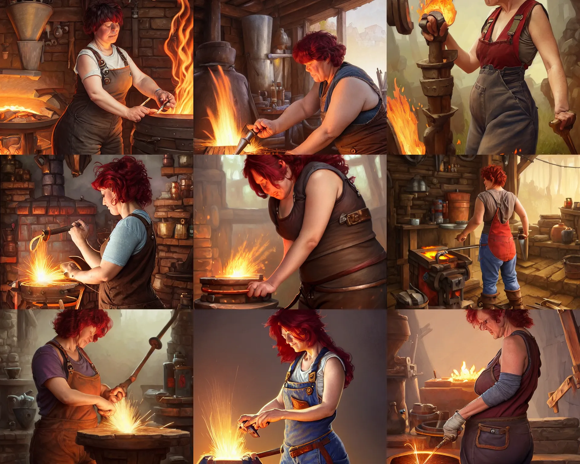 Prompt: 6 0 yo female blacksmith working on her forge, plump, deep focus, short red hair, sleeveless shirt and overalls, d & d, fantasy, intricate, elegant, highly detailed, digital painting, artstation, concept art, matte, sharp focus, illustration, hearthstone, art by artgerm and greg rutkowski and alphonse mucha