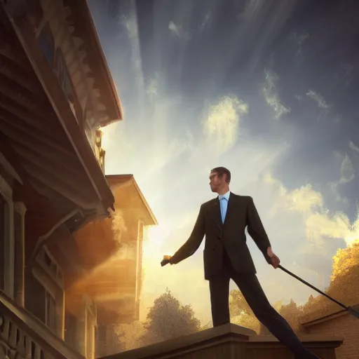 Image similar to business man smoking pipe on the front stoop mist smoke, rays of light, beautiful by marc adamus and j. c. leyendecker, 8 k illustration, action scene, low angle, dramatic milky clouds front - view